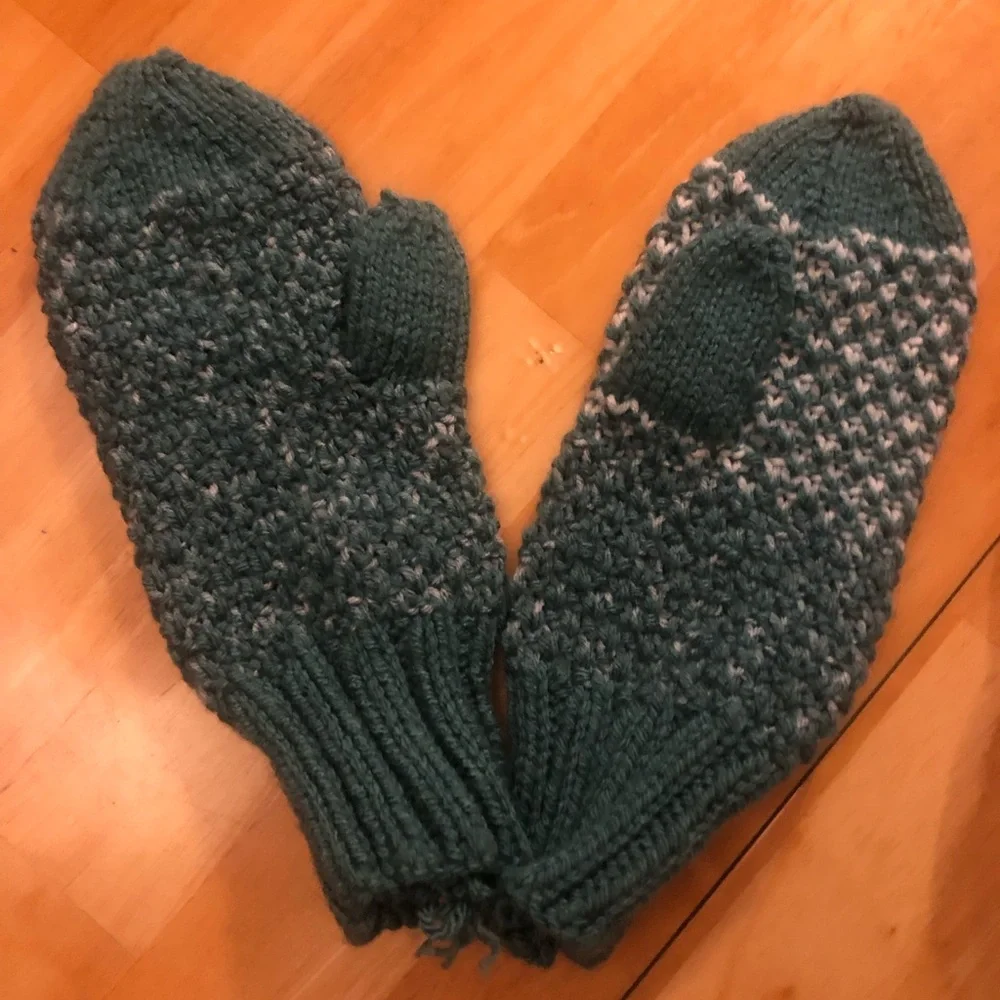 Cozy Hand Knit Mittens in Teal and Gray